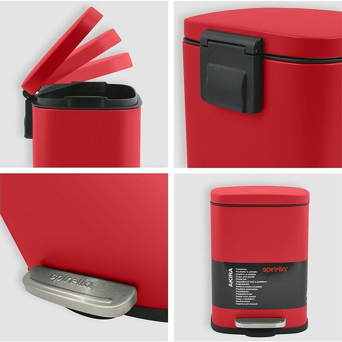 Spirella Cubo con pedal Akira (5 l, Rojo, Rectangular, Acero inoxidable)