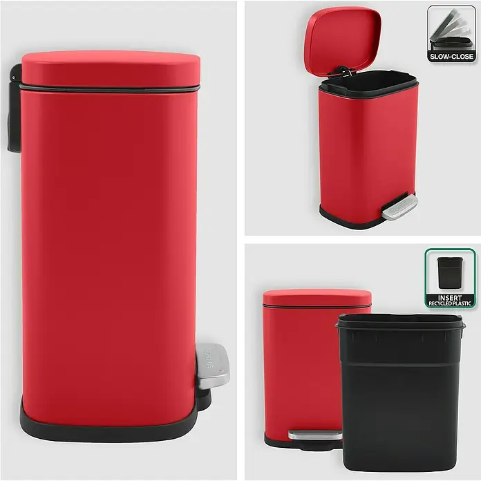 Spirella Cubo con pedal Akira - 5 l, Acero inoxidable, Rojo - El cubo de basura rojo con pedal y cierre suave es ideal para la cocina o el baño. Con cubo interior extraíble de plástico reciclado.