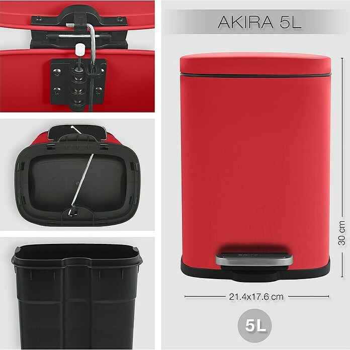 Spirella Cubo con pedal Akira (5 l, Rojo, Rectangular, Acero inoxidable)