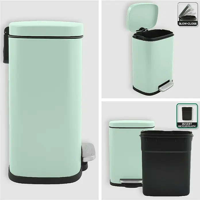 Spirella Cubo con pedal Akira - 5 l, Acero inoxidable, Verde claro - Diferentes vistas de un cubo de basura a pedal verde menta con función de cierre suave e inserto de plástico reciclado.