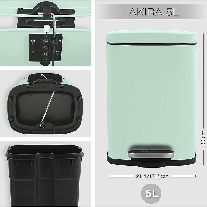 Spirella Cubo con pedal Akira (5 l, Verde claro, Rectangular, Acero inoxidable)