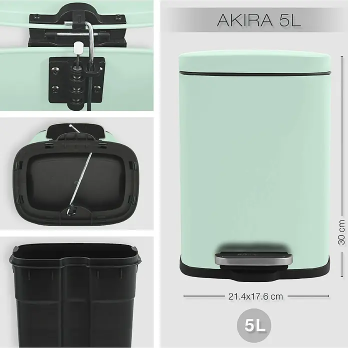 Spirella Cubo con pedal Akira - 5 l, Acero inoxidable, Verde claro - Foto de una papelera de pedal "Akira 5L" verde menta de 21,4 x 17,6 cm y 30 cm de alto, que tiene un cubo interior negro.