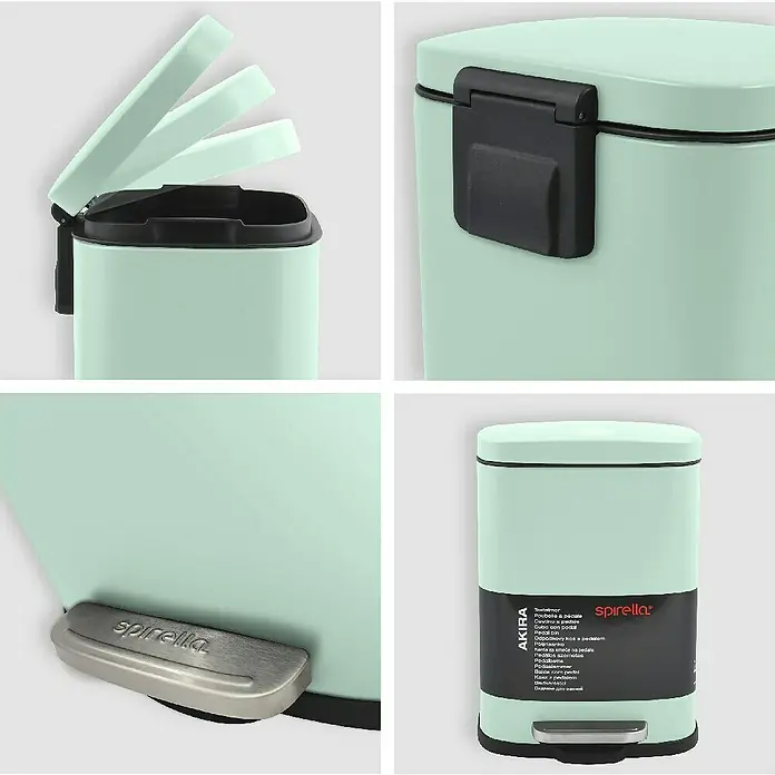 Spirella Cubo con pedal Akira - 5 l, Acero inoxidable, Verde claro - Primer plano del cubo de pedal Spirella Akira en verde menta, un accesorio de baño elegante y funcional para tu hogar.