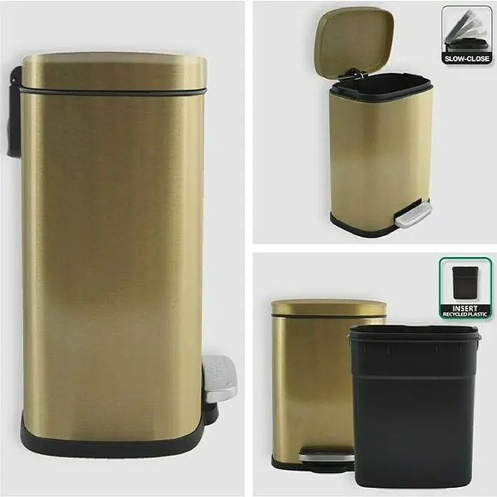 Spirella Cubo con pedal Akira - 5 l, Acero inoxidable, Oro - Cubo de basura dorado con pedal, incluye un inserto de plástico extraíble y función de cierre suave, ideal para cualquier espacio.
