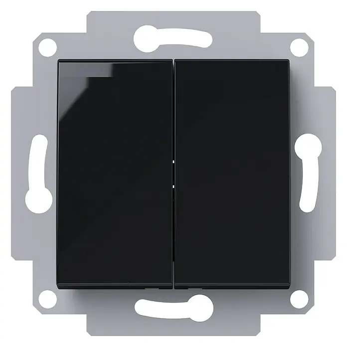 Voltomat ART Doppelwechselschalter - Schwarz, Kunststoff, 10 A - Ein schwarzer Doppelschalter mit einer silberfarbenen Halterung. Das Produkt ist modern und elegant im Design.