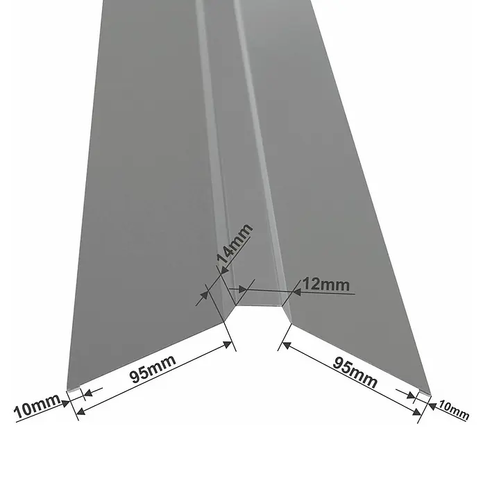 Dachfirst Gerade für SW Dachpaneele - Silbergrau, Länge: 200 cm, Stahl - Detailaufnahme eines Blechprofils mit Maßangaben. Ideal für Dach- und Wandverkleidungen, robust und präzise gefertigt.