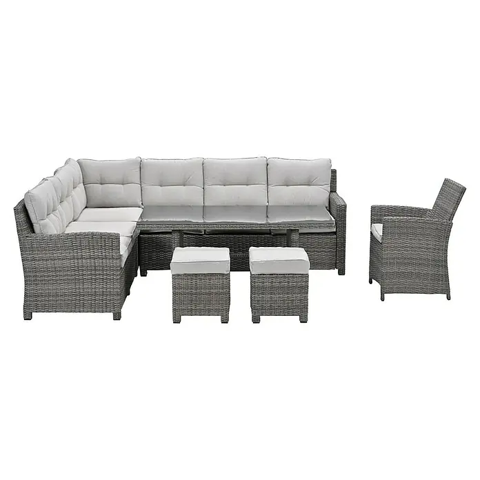 Garden Impressions Loungemöbel-Set Blue Bird - 4 -tlg., Aluminium, Polyester, Glas, Links, Beige - Graue Rattan-Gartenmöbel-Set mit Esstisch, Ecksofa, Sessel und Hockern mit hellen Polstern für den Außenbereich.