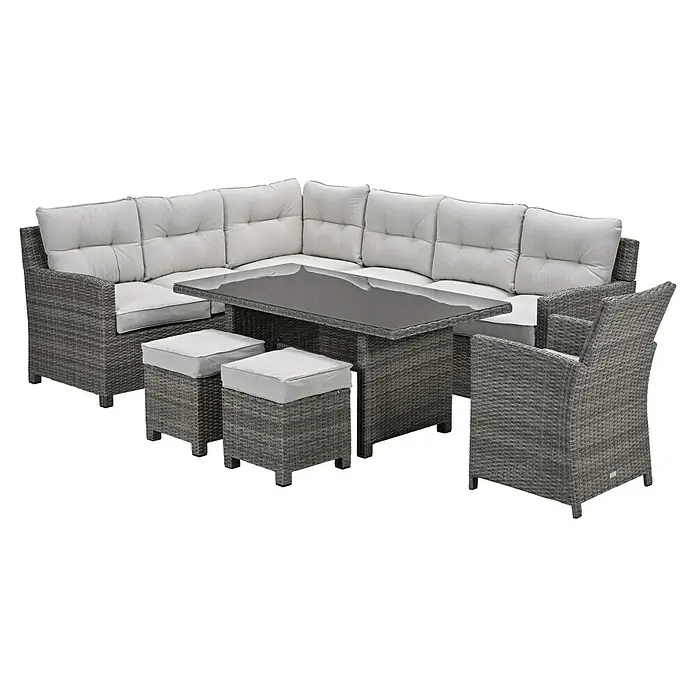 Garden Impressions Loungemöbel-Set Blue Bird - 4 -tlg., Aluminium, Polyester, Glas, Links, Beige - Graues Gartenmöbel-Set mit Tisch, Ecksofa, Sessel und Hockern mit hellgrauen Polstern für den Garten oder die Terrasse.