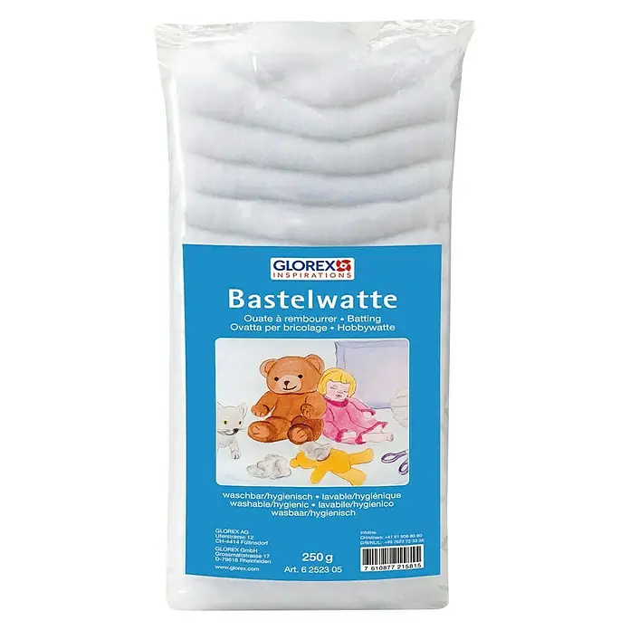 Glorex Bastelwatte - Weiß, 250 g - Packung Glorex Bastelwatte, ideal zum Füllen von Spielzeug und Bastelprojekten. Waschbar und hygienisch für vielseitige Anwendungen.