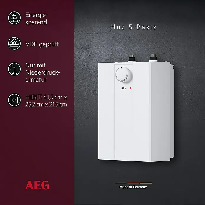 AEG Warmwasserspeicher Huz 5 Basis - 5 l, 2.000 W, Temperaturbereich: 35 °C - 85 °C, Untertischmontage - Produktbild des AEG Hüz 5 Basis Boiler, energiesparend, VDE geprüft und für Niederdruckarmatur geeignet.