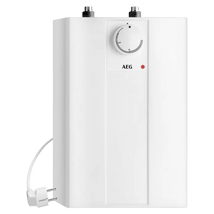 AEG Warmwasserspeicher Huz 5 Basis - 5 l, 2.000 W, Temperaturbereich: 35 °C - 85 °C, Untertischmontage - Nahaufnahme eines AEG Warmwasserbereiters mit Temperaturregler, roten LED und Netzkabel.