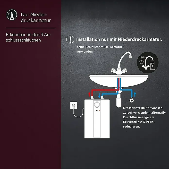 AEG Warmwasserspeicher Huz 5 Basis - 5 l, 2.000 W, Temperaturbereich: 35 °C - 85 °C, Untertischmontage - Darstellung zur Installation einer Niederdruckarmatur mit Durchlauferhitzer, inklusive Flussmengenbegrenzung und Anschlussdetails.