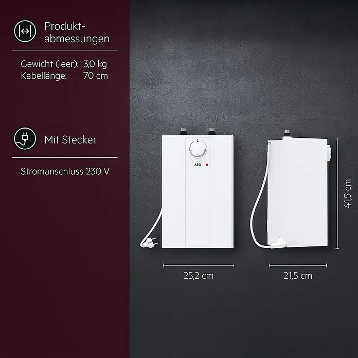AEG Warmwasserspeicher Huz 5 Basis - 5 l, 2.000 W, Temperaturbereich: 35 °C - 85 °C, Untertischmontage - Produktabbildung eines weißen AEG-Wassererhitzers mit Maßangaben zu Gewicht, Kabellänge und Abmessungen.