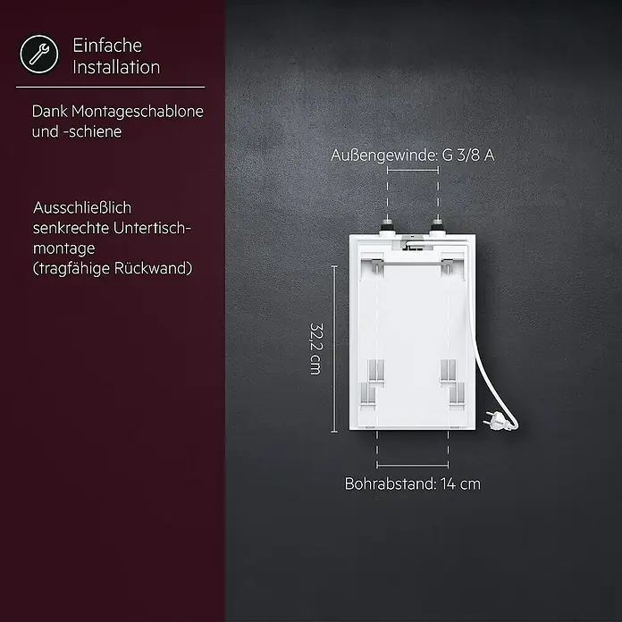 AEG Warmwasserspeicher Huz 5 Basis - 5 l, 2.000 W, Temperaturbereich: 35 °C - 85 °C, Untertischmontage - Produktabbildung eines weißen Untertischgeräts mit Maßen für Außengewinde, Höhe und Bohrabstand.