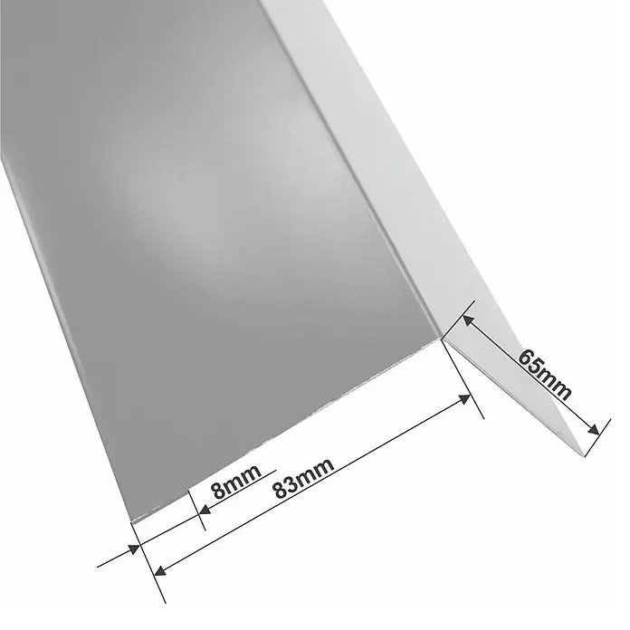 Metdach Traufblech für Dachrinne PP12 - Silber, Länge: 200 cm, Stahl - Abbildung eines Aluminium-Kantenschutzprofils mit den Maßen 8mm, 83mm und 65mm. Ideal für Kantenschutz und saubere Abschlüsse.