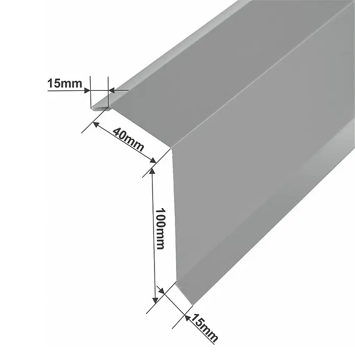 Metdach Kantenwinkel H12 - Grün, Länge: 100 cm, Stahl - Profilansicht eines grauen Metallwinkelprofils mit den Maßen 15mm, 40mm und 100mm zur Darstellung der Produktabmessungen.