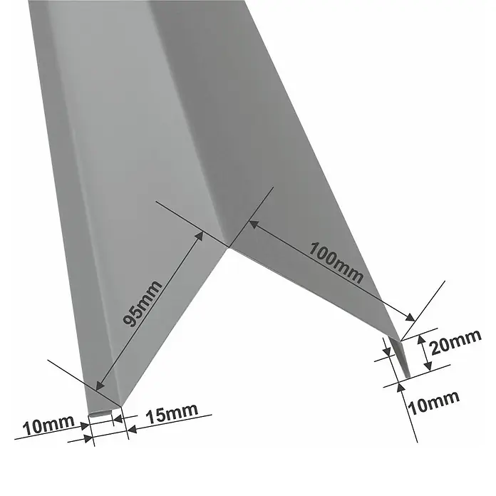 Metdach Kantenwinkel Ortgang - Schwarz, 100 cm, Stahl - Bild einer Winkelschiene mit Maßangaben (95mm, 100mm, 20mm, 15mm, 10mm). Die Schiene ist grau und zeigt technische Details der Produktabmessungen.