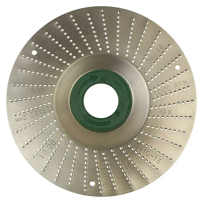 Roto Kruna Rotoraspel - 125 mm, Fein - Nahaufnahme einer Schleifscheibe mit Löchern und aufgedruckten Informationen wie "11000 RPM MAX".