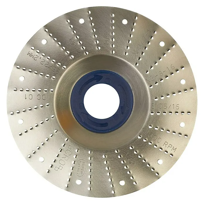 Roto Kruna Rotoraspel - 125 mm, Mittel - Ein kreisförmiges Trennblatt für Schneidarbeiten. Das Blattdesign umfasst Öffnungen zur Reduzierung der Wärmeentwicklung und zur Verbesserung der Präzision.