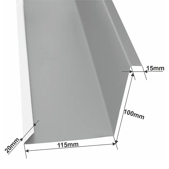 Metdach Innengiebelblech - Schwarz, 200 x 11,5 x 10 cm, Stahl - Das Bild zeigt ein graues Metallprofil mit den Maßen 15mm, 20mm, 100mm und 115mm. Ideal für Bauprojekte, die präzise Metallarbeiten erfordern.
