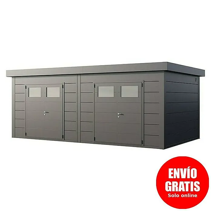 Telluria Caseta para jardín Duo 3336+ - Medidas ext. (An x Pr): 672 x 388 cm, Acero, Antracita, Sin set - Imagen de un garaje doble gris con dos puertas y ventanas. Perfecto para el almacenamiento seguro de vehículos y herramientas de jardín.