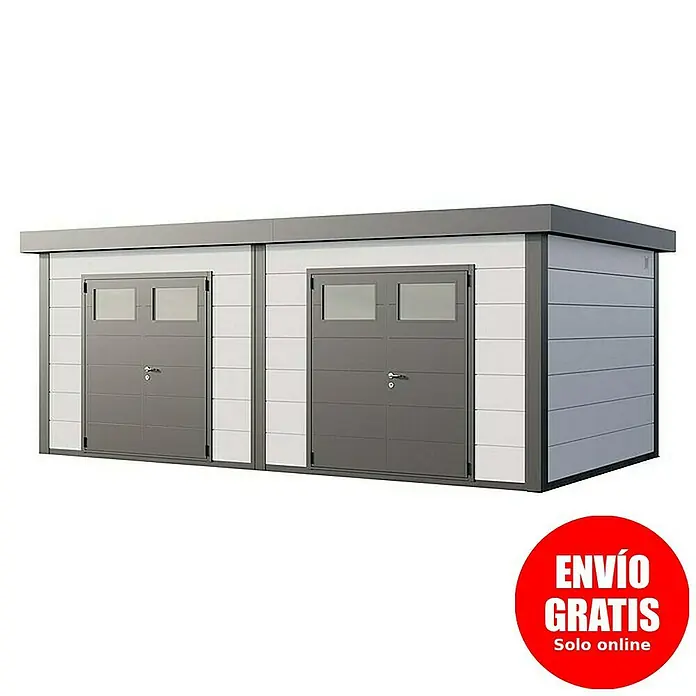 Telluria Caseta para jardín Duo 3336+ - Medidas ext. (An x Pr): 672 x 388 cm, Acero, Blanco/Antracita, Sin set - Un cobertizo de garaje doble moderno y grande en gris y blanco con dos puertas enrollables y diseño rectangular.