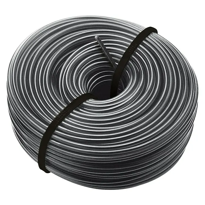 Bosch Trimmerfaden - Fadenlänge: 24 m, Fadenstärke: 1,6 mm - Aufnahme einer Kabeltrommel, die mit einem schwarzen Band zusammengehalten wird. Das Kabel ist eng aufgewickelt und sauber angeordnet.