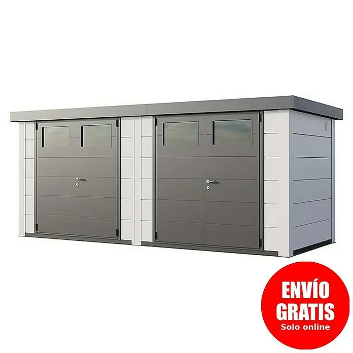 Telluria Caseta para jardín Duo 2721 - Medidas ext. (An x Pr): 542 x 228 cm, Blanco, Acero, Sin set - Imagen de un cobertizo de garaje doble moderno con dos puertas enrollables y tragaluces para almacenamiento adicional al aire libre.