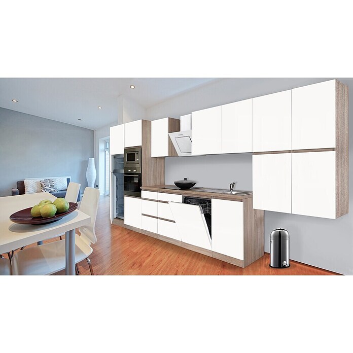 Respekta Premium Composición de cocina (Ancho: 445 cm, Con dispositivos eléctricos, Blanco mate)