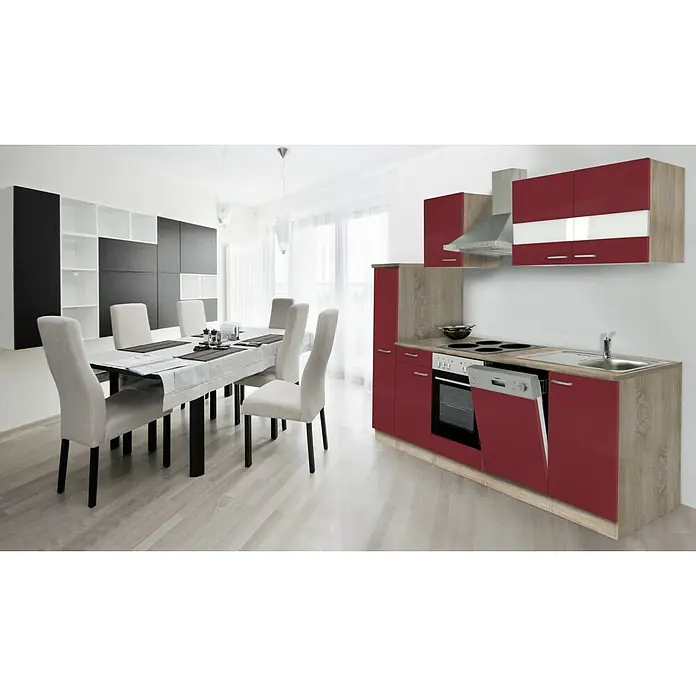Respekta Singleküche Merle Typ 1 - Breite: 250 cm, Rot, Mit Elektrogeräten, Volumen Backofen: 60 l - Ein modernes Küchendesign mit roten Fronten und hellen Holzelementen, kombiniert mit einem eleganten Essbereich.