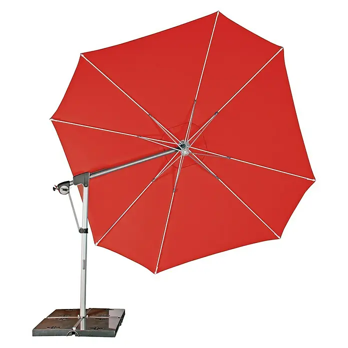 Doppler Protect SchirmbezugTerracotta, 400 cm, Passend für: Doppler Schirmgestell Ø 400 cm - Nahaufnahme eines roten Ampelschirms mit silbernem Gestell und Fuß. Ideal für Garten und Terrasse.
