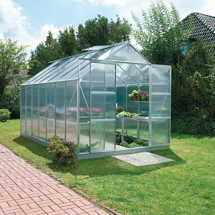 Vitavia Gewächshaus Mars 11500 Plus - Außenmaß inkl. Dachüberstand (B x T): 257 x 445 cm, 6 mm, Aluminium - Ein geräumiges Gewächshaus mit transparenten Wänden und einem Giebeldach, ideal für den Anbau von Pflanzen und Gemüse im eigenen Garten.