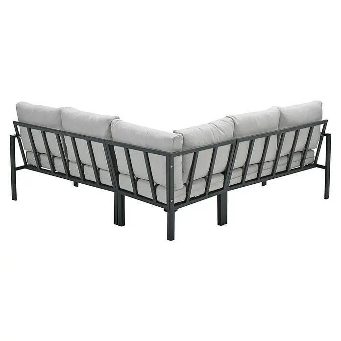 Garden Impressions Loungemöbel-Set - 4 -tlg., Aluminium, Ecklounge, Grau/Schwarz - Eine modulare Eckcouch mit hellgrauen Kissen und einem Gestell aus dunklem Metall, ideal für entspannte Stunden im Freien.