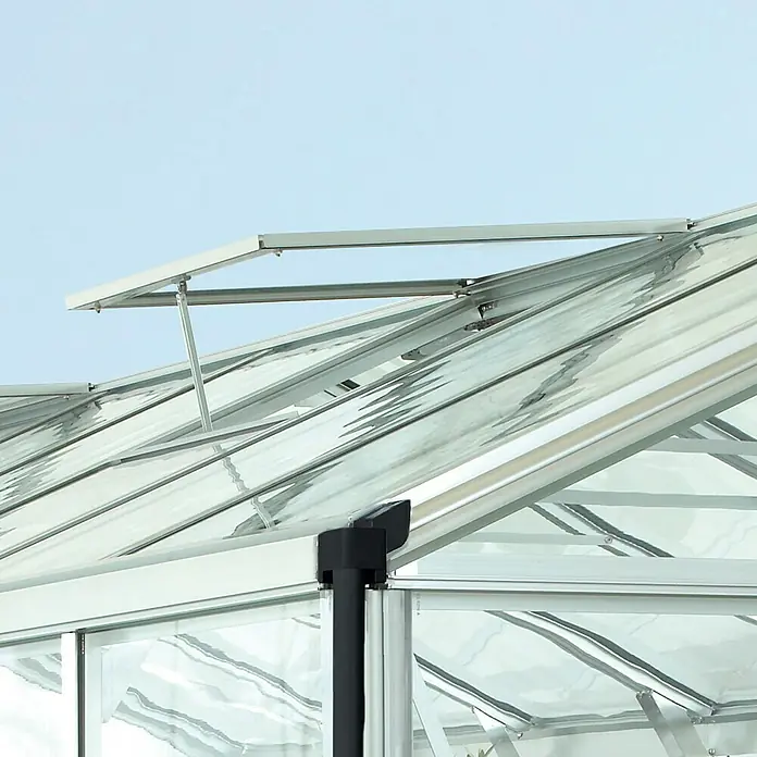 Vitavia Gewächshaus Zeus 15700 Plus - Außenmaß inkl. Dachüberstand (B x T): 256 x 614 cm, 16 mm, Aluminium - Detailaufnahme eines Gewächshauses mit geöffnetem Fenster zur Belüftung, das die Funktionalität und das Design des Produkts hervorhebt.