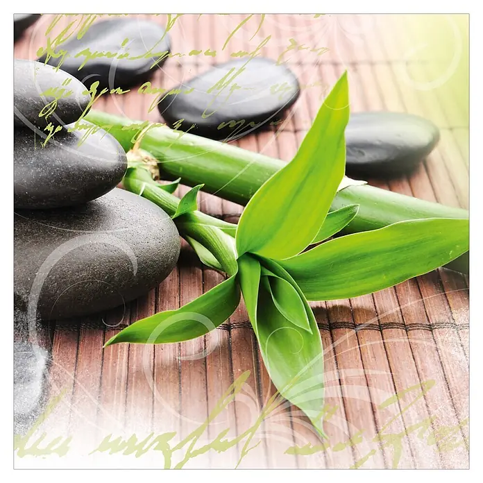 Glasbild - Wellness I, B x H: 20 x 20 cm - Nahaufnahme von schwarzen Steinen, Bambussprossen und dekorativen Elementen auf einem Bambustablett, ideal für Wellness und Entspannung.