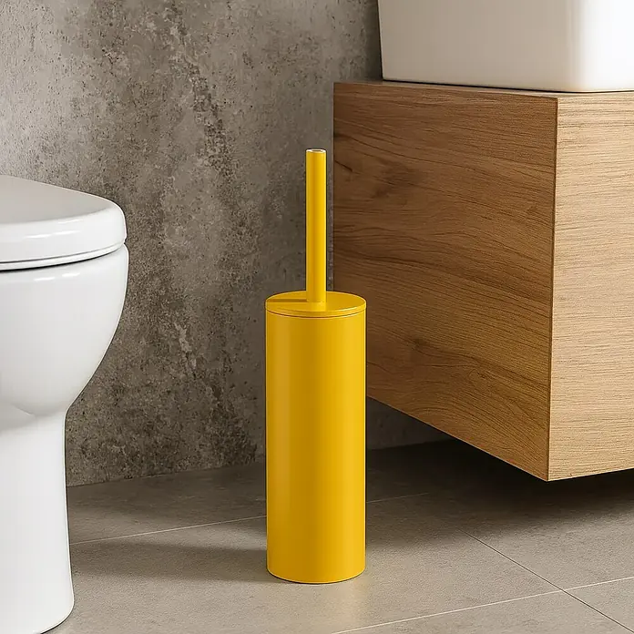 Spirella Conjunto de escobilla Akira - 9,5 x 9,5 x 40 cm, Acero inoxidable, Amarillo - Escobilla de baño amarilla con soporte sobre azulejos de baño. Accesorio de baño práctico y colorido.
