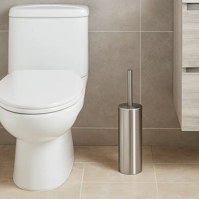 Spirella Conjunto de escobilla Akira - 9,5 x 9,5 x 40 cm, Acero inoxidable, Acero inoxidable - Elegante escobilla de baño de acero inoxidable con soporte al lado de un inodoro blanco en el baño.