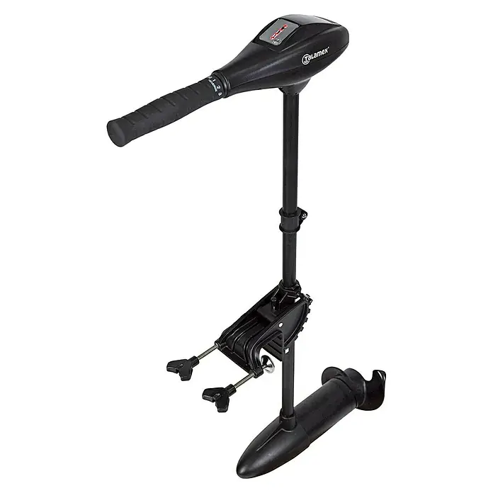 Talamex Elektro-Außenbordmotor TM 66 - 0,14 kW - 0,66 kW, Pinnensteuerung, Schaftlänge: 910 mm - Trolling-Motor von Talamo für Boote. Der Motor ist schwarz und hat einen verstellbaren Griff.