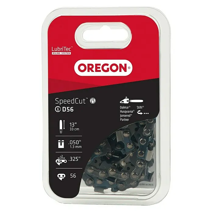 Oregon Sägekette Q95TXL072E - Schwertlänge: 45 cm, Anzahl Treibglieder: 72 Stk., Nutbreite: 1,3 mm - Verpackung einer Oregon SpeedCut™ D56 Sägekette mit einer Länge von 33 cm, einer Stärke von 1,3 mm und einer Teilung von .325".