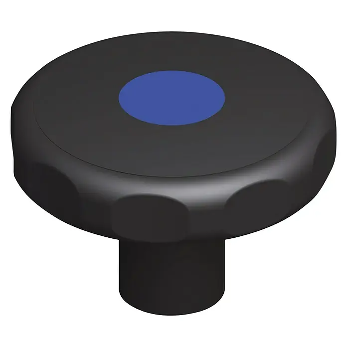 Kantoflex Handrad - Schwarz - Schwarzer Drehknopf mit blauem Mittelpunkt, ideal für präzise Einstellungen. Die geriffelte Oberfläche sorgt für guten Halt.