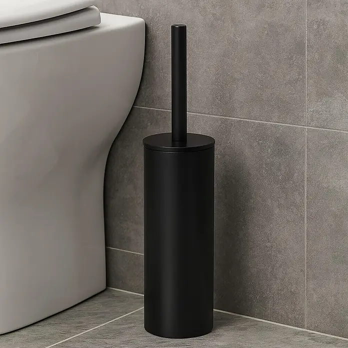 Spirella Conjunto de escobilla Akira - 9,5 x 9,5 x 40 cm, Acero inoxidable, Negro - Un escobillero negro con soporte está al lado de un inodoro y una pared de azulejos grises.