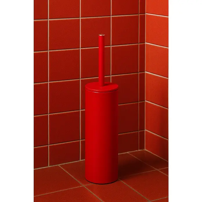 Spirella Conjunto de escobilla Akira - 9,5 x 9,5 x 40 cm, Acero inoxidable, Rojo - Cepillo de baño rojo con detalle dorado, frente a una pared con azulejos rojos y un piso con azulejos rojos.