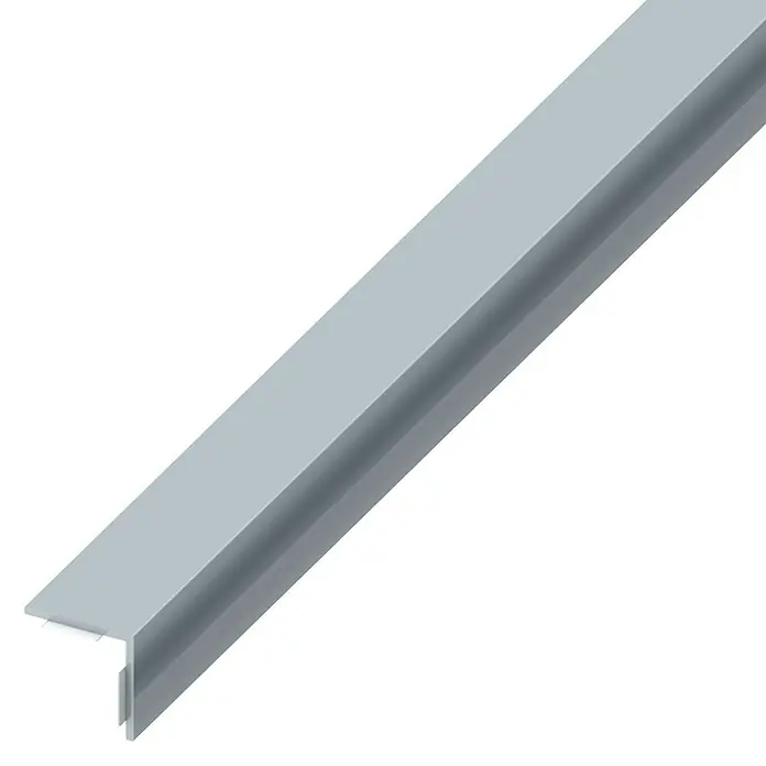 Winkelprofil - 1.000 x 20 x 20 mm, Stärke: 1,5 mm, Kunststoff, Grau - Das Bild zeigt ein silbernes U-Profil, das häufig im Bauwesen oder bei der Möbelherstellung eingesetzt wird. Das Profil ist sauber und präzise gefertigt.