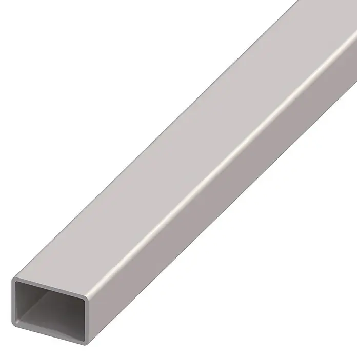 Kantoflex Vierkantrohr - 1.000 x 40 x 25 mm, Stärke: 2 mm, Stahl, Stahlgrau - Nahaufnahme eines silbernen Vierkantrohrs, das seine robuste Bauweise und sauberen Linien hervorhebt, ideal für Konstruktion und Design.