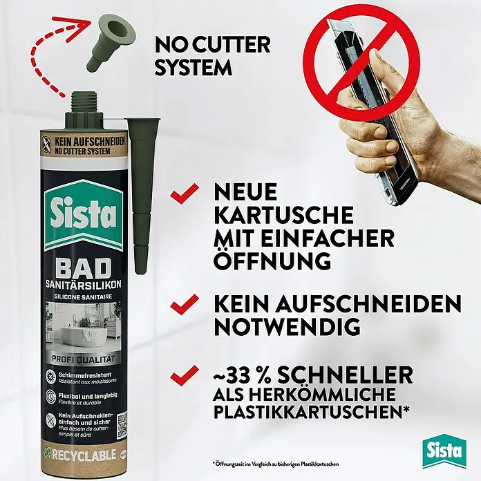 Sista Sanitär-Silikon Bad - Weiß, 280 ml - Abbildung einer Sista Bad Sanitärsilikon Kartusche, die ein "No Cutter System" bietet, was die Anwendung vereinfacht.