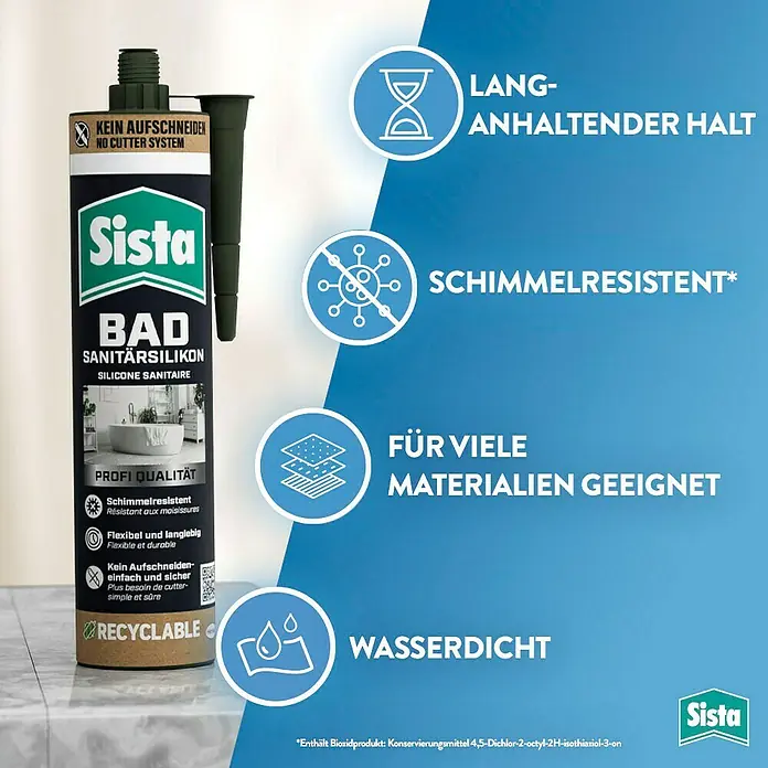 Sista Sanitär-Silikon Bad - Weiß, 280 ml - Bild einer Sista Bad Sanitärsilikon-Kartusche mit Produktmerkmalen wie Schimmelresistenz und langer Haltbarkeit.