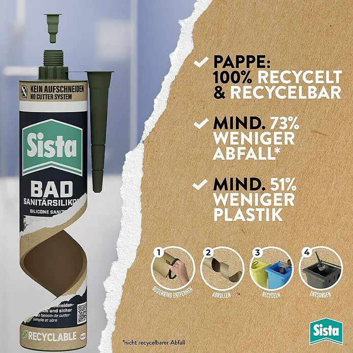 Sista Sanitär-Silikon Bad - Weiß, 280 ml - Sista Bad Sanitärsilikon-Kartusche mit Hinweisen zur umweltfreundlichen Entsorgung und Recycling.
