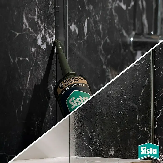 Sista Sanitär-Silikon Bad - Anthrazit, 280 ml - Nahaufnahme einer Kartusche Sista Silikon, Farbton Anthrazit, vor dunklem Marmorhintergrund.