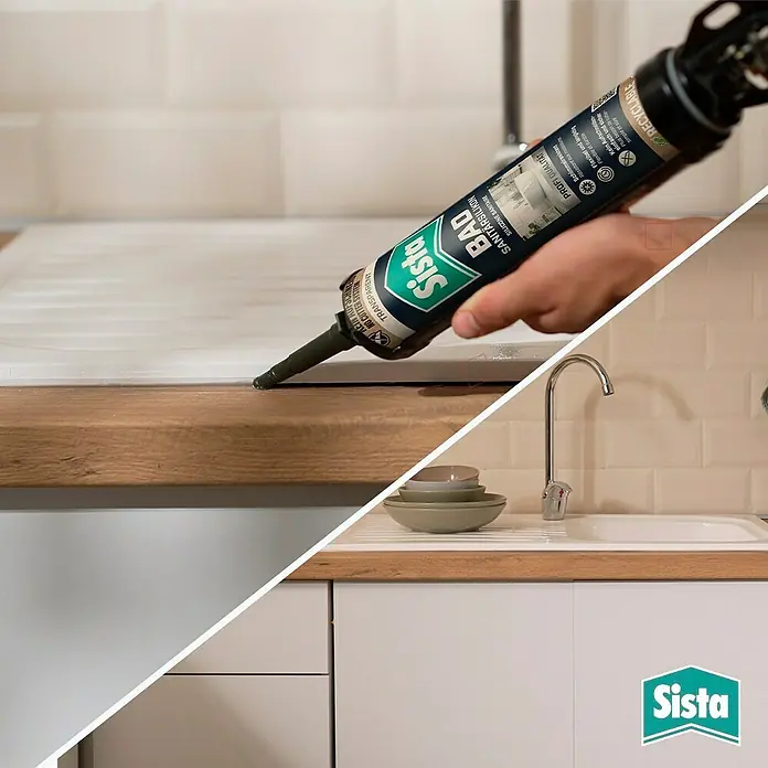Sista Sanitär-Silikon Bad - Transparent, 280 ml - Sista Bad Sanitärsilikon Kartusche beim Auftragen auf eine Küchenarbeitsplatte.