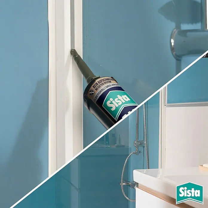 Sista Sanitär-Silikon Bad - Silbergrau, 280 ml - Das Bild zeigt eine Kartusche Sista Silikon, die zum Abdichten von Fugen im Badezimmer verwendet wird. Ideal für Bad und Dusche!